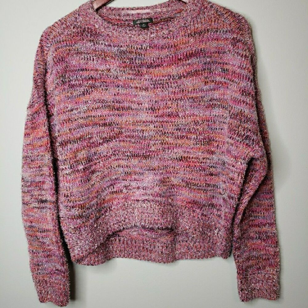 Womens Boxy Cropped Pullover Sweater Silver Glitter Fuzzy Oversized Glam Size XS